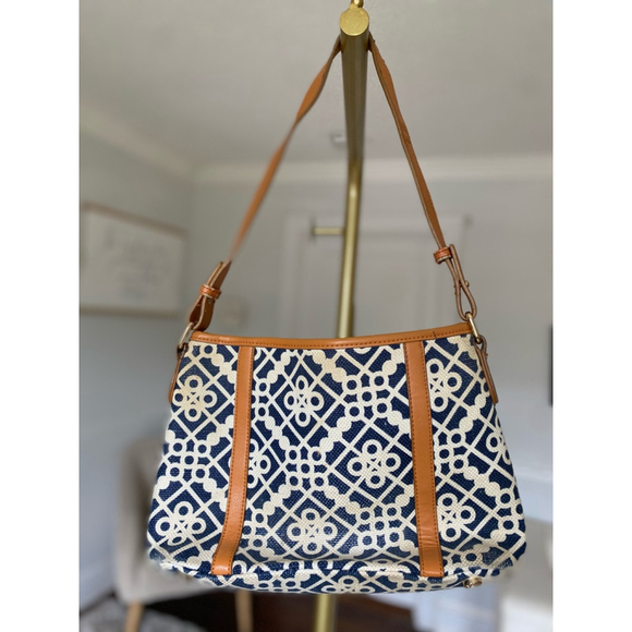 Spartina 449 Linen Leather Bag Daufuskie Island Geo Canvas Coastal Resort Prep - Picture 3 of 10